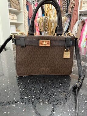 Michael Kors Brown MK Signature Satchel with Gold Hardware